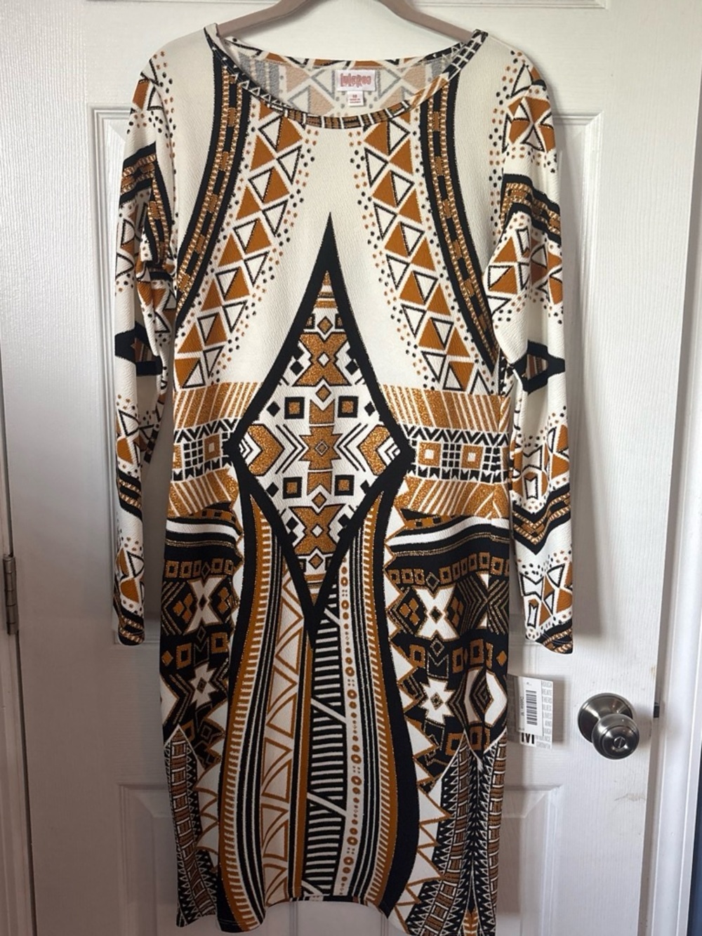 LuLaRoe Geometric Print Long Sleeve Dress - White, Black & Mustard